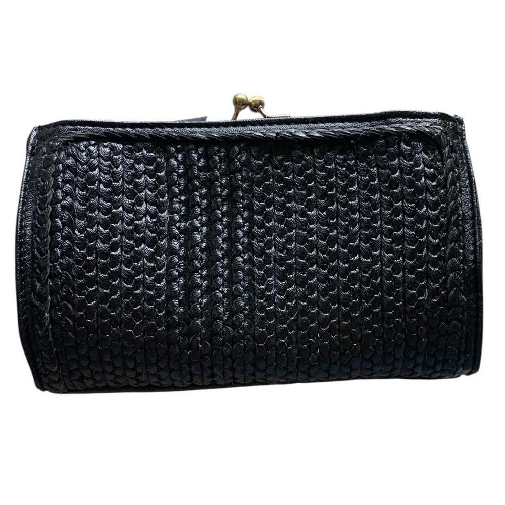 Anthropologie Clutch Bag Womens OS Black Woven Kiss Lock Retro Boho Academia